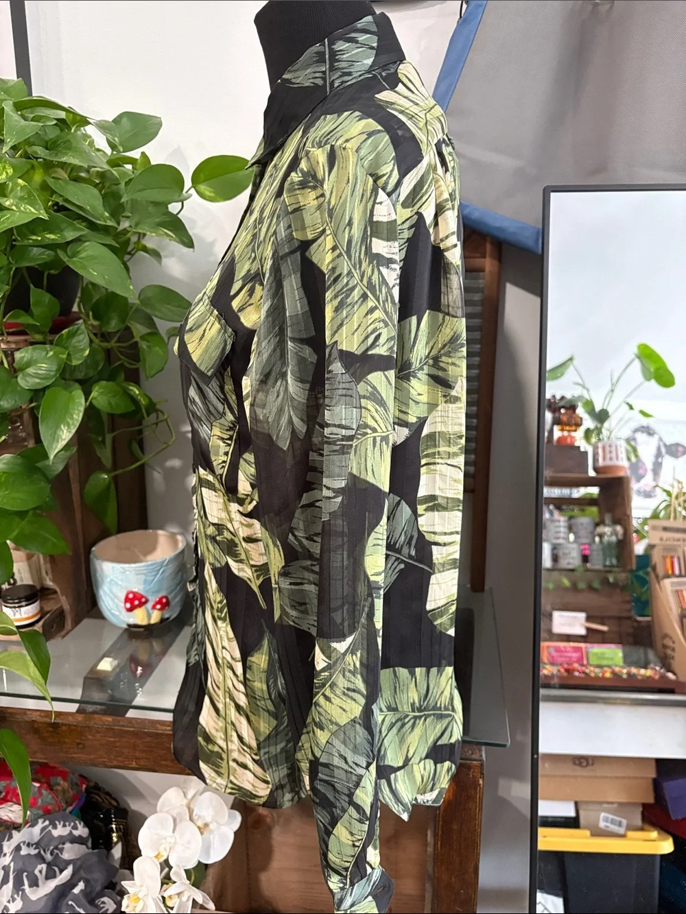 Button-Front Leaf-Print Men's Jacket Coat - Green/Black